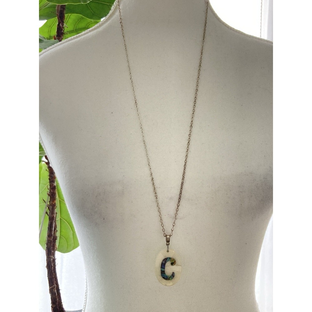 Lee Sands Mother of Pearl Initial C Pendant Necklace Abalone Inlay Silver Tone